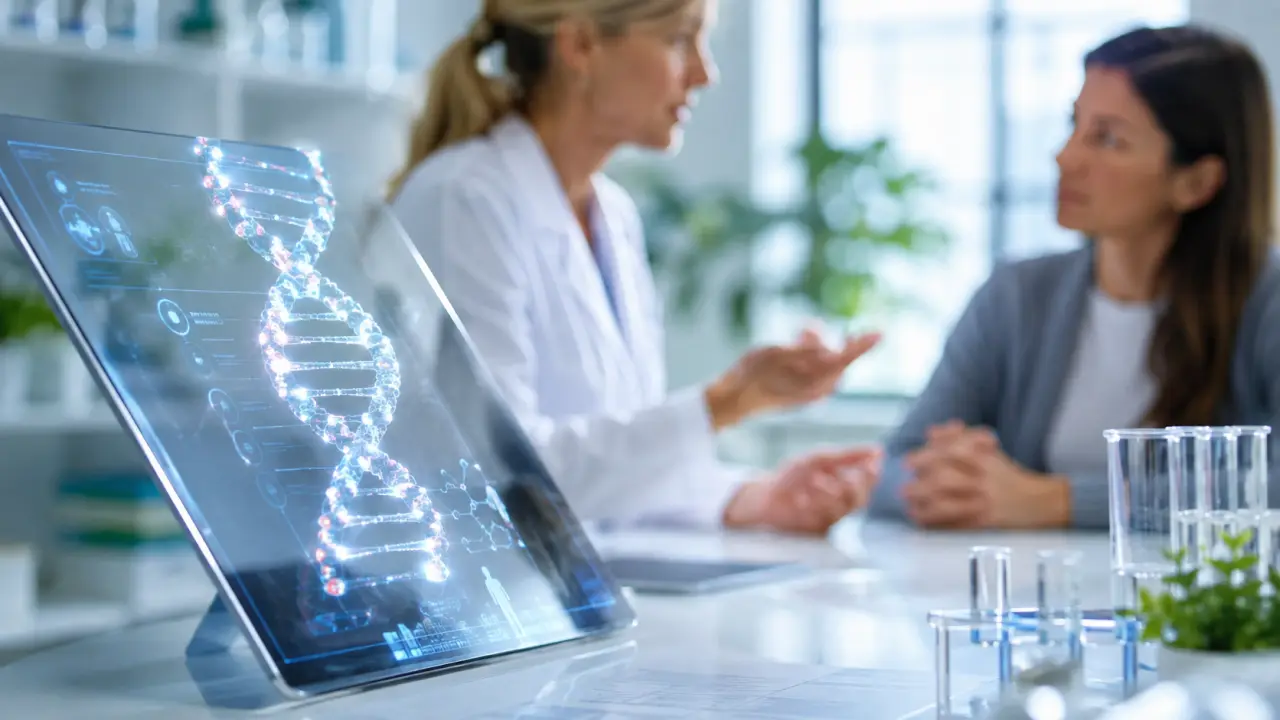Illustration d’une double hélice d’ADN au-dessus d’une main dans un environnement clinique lumineux